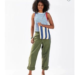 NWT Clare V Woven Racing Stripe Foldover Clutch W/ Tabs In Indigo & Cream